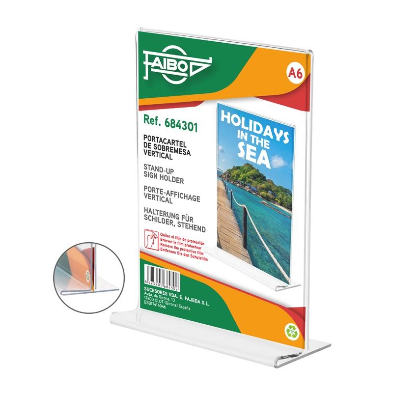 FAIBO Portacartel de sobremesa en T A6 vertical 15,3 x 10,7 x 4,7 cm