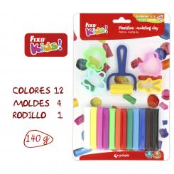 FIXO KIDS Plastilina 12 Colores 140G 4 Moldes + Rodillo