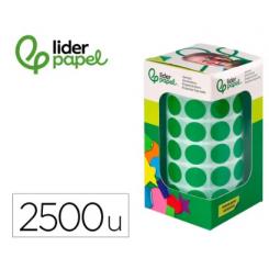 Gomets LIDERPAPEL Autoadhesivo Círculos 15 mm Verde Rollo de 2500 uds en caja c/cartón