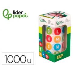 Gomets LIDERPAPEL Autoadhesivo Redondo Abecedario 20 mm colores Surtidos Rollo de 1000 uds en caja c/cartón