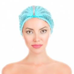 Gorro recogepelo detectable en TNT en polipropileno plegado en acordeón color azul, caja 100 uds