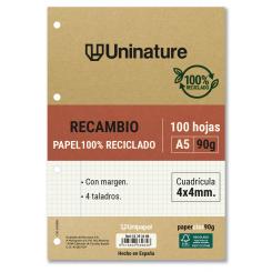 GRAFOPLÁS Recambio Papel Cuadriculado 100% reciclado A5 4X4 100H 90G Uninature