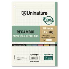 GRAFOPLÁS Recambio Papel Cuadriculado 100% reciclado A5 5X5 90G 90H 5 Bandas Uninature