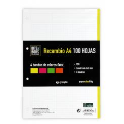 GRAFOPLÁS Recambio Papel Cuadriculado A4 100H 90G 5X5 4 Bandas Fluor