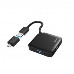 Hama | HUB USB con 4 Puertos y Adaptador USB-C (Conexión de Múltiples Dispositivos, Transformador Universal USB a USB-C, USB 3.2 con Transmisión de 5Gbit/s), Color Negro