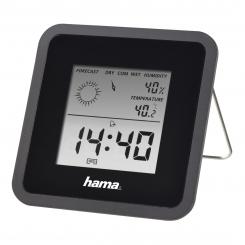 Hama Termómetro e Higrómetro Digital, con Reloj y Previsión Meteorológica (Control de Temperatura Digital con termómetro e higrómetro Medidor de Temperatura para Interior) Color Negro.