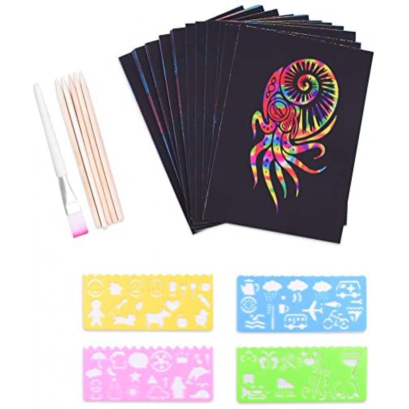 JUEGO 50 HOJAS PARA RASCAR COLORES 5 LÁPICES DE MADERA
