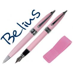 Juego de boligrafo y pluma BELIUS brena rosa lacado con cristal en la anilla central en estuche
