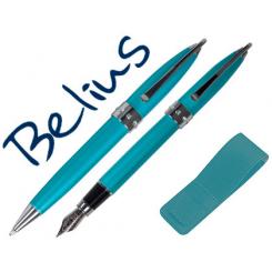 Juego de boligrafo y pluma BELIUS brena turquesa lacado con cristal en la anilla central en estuche