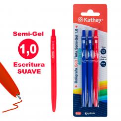 KATHAY Blister 3 Bolígrafos 1mm  Soft Tinta semigel Azul y Rojo