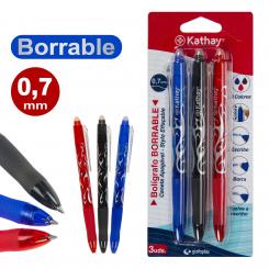 KATHAY Blister 3 Bolígrafos de Gel Borrables Negro Azul y Rojo