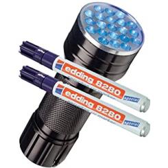kit linterna luz uv negra + 2 Rotulador edding marcador de seguridad visible bajo la luz ultravioleta punta redonda 1,5 mm