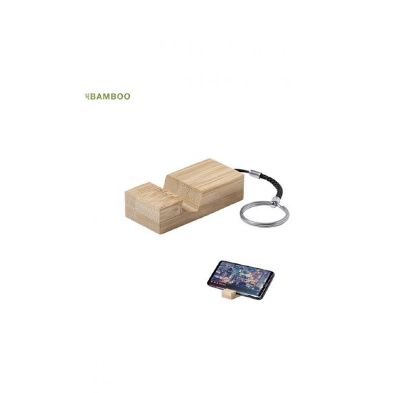 Llavero soporte de línea nature para smartphone. Fabricado en resistente bambú de acabado lacado, con resistente cordón y anilla metálica. Personalizado 1 tinta