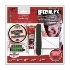 Maquillaje Alpino Make-Up Efectos Especiales Fx Sangre Artificial 15 Ml. Cera Deformaciones Fx 15 Gr. 2X Barra Maquillaje Espatula Esponja