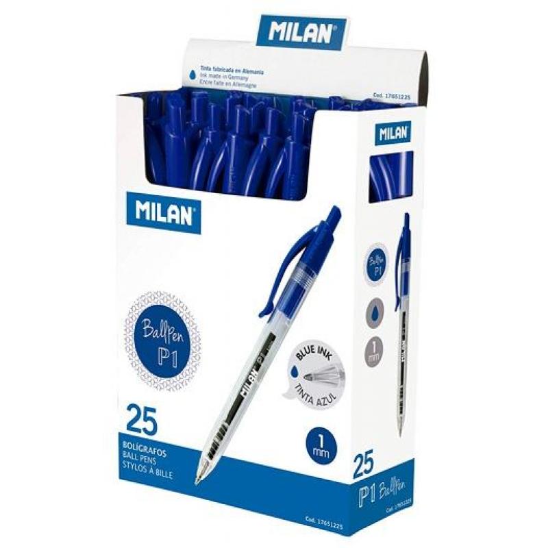 Milan P1 Boligrafo de Bola Retractil - Punta Redonda 1mm - Cuerpo Transparente - Color Azul