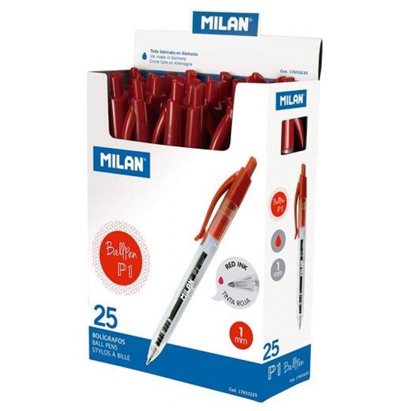 Milan P1 Boligrafo de Bola Retractil - Punta Redonda 1mm - Cuerpo Transparente - Color Rojo