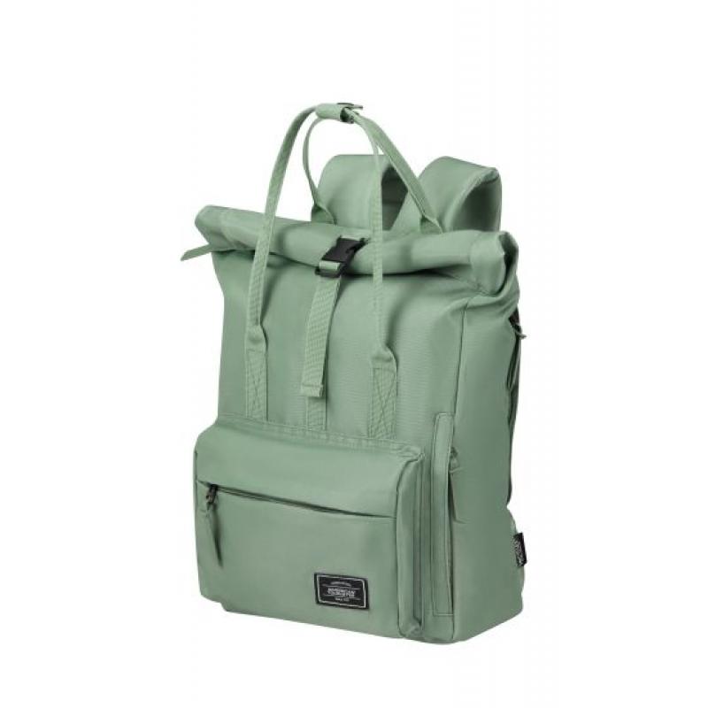 Mochila Urban Grove de American Tourister/Samsonite. Con dos bolsillos delanteros y uno trasero, asas superiores. Medidas: 250x200x360mm. Color verde.