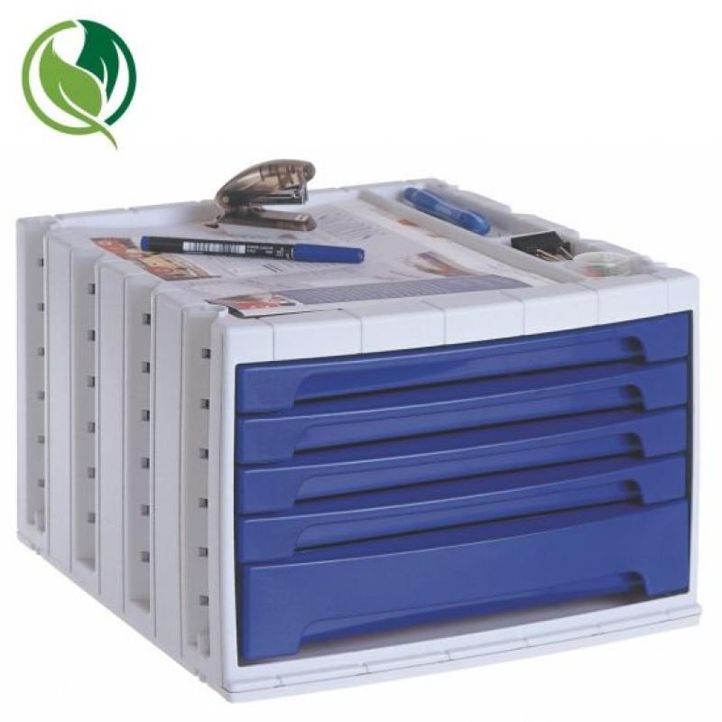 Módulo de 5 cajones sostenible ARCHIVO 2000 Archivotec (4 de 325X270X25mm y 1 cajón de 325X270X53mm.100% reciclado c/bandeja organizadora. Carcasa gris y cajones azules.