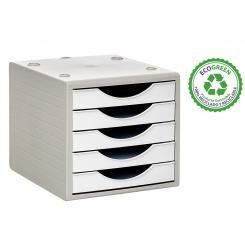 Módulo Sostenible Ecogreen Archivo 2000 c/ 5 cajones. 100% reciclado. Para formato DIN A4, folio y subcarpeta. Medida ext: 340x270x260 mm. Carcasa color gris, cajones blanco.