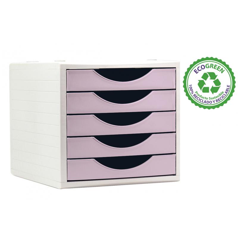 modulo-sostenible-ecogreen-archivo-2000-c-5-cajones-100-reciclado-para-formato-din-a4-folio-y-subcarpeta-medida-ext-340x270x260-mm-carcasa-color-gris-cajones-rosa-pastel