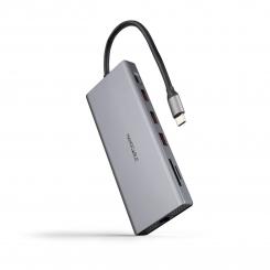 Nanocable Hub USB-C 12 en 1, Conversor USB-C 3.1 a 3xUSB-A 3.2 + USB-C 3.2 + USB-C PD + 2xHDMI 4K@60Hz + DP 4K@60Hz + RJ45 1Gbps + TF + SD + Audio Jack 3.5, Aluminio, Gris, 18 cm
