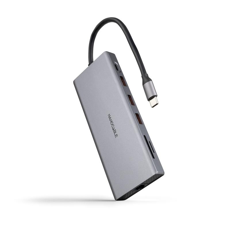 nanocable-hub-usb-c-12-en-1-conversor-usb-c-31-a-3xusb-a-32-usb-c-32-usb-c-pd-2xhdmi-4k@60hz-dp-4k@60hz-rj45-1gbps-tf-sd-audio-jack-35-aluminio-gris-18-cm