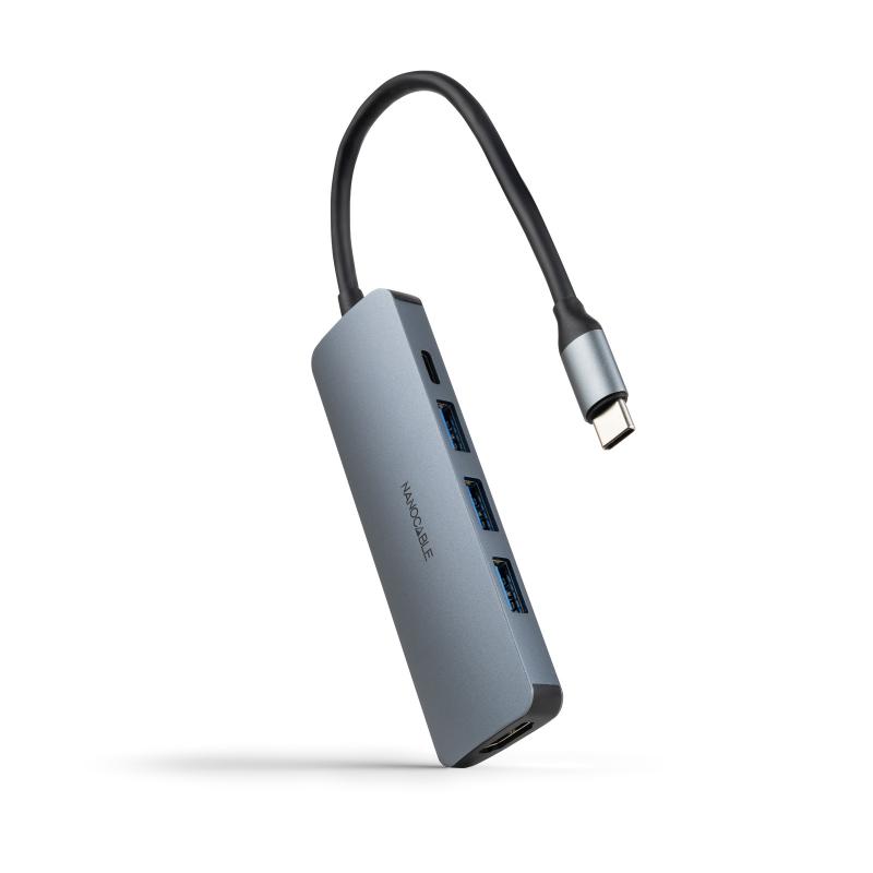 nanocable-hub-usb-c-5-en-1-conversor-usb-c-31-a-3xusb-a-30-usb-c-pd-hdmi-aluminio-gris-18-cm