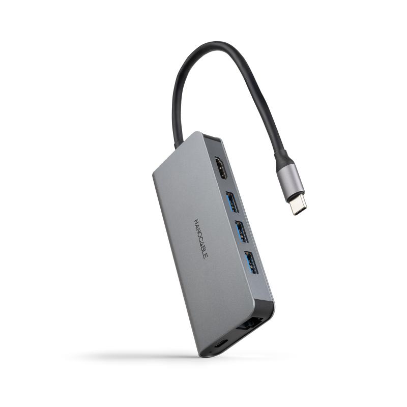 nanocable-hub-usb-c-8-en-1-conversor-usb-c-31-a-3xusb-a-30-hdmi-4k@60hz-usb-c-pd-rj45-1gbps-tf-sd-aluminio-gris-18-cm