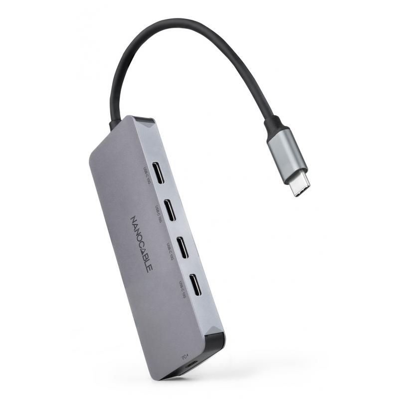 nanocable-hub-usb-c-macho-a-4-x-usb-c-hembra-usb-c-pd-100w-aluminio-10-cm-gris