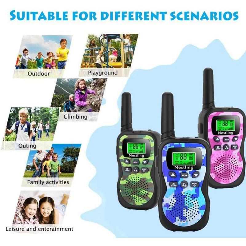 Nestling Walkie Talkie para niños, Camuflaje al Aire Libre, 8 Canales, Radio de 2 vías, Juguetes, Linterna LCD retroiluminada, Rango de 3 Millas para Actividades Infantiles (3pcs Camuflaje)