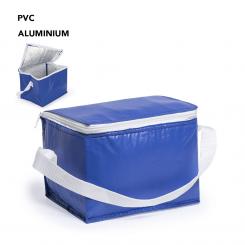Nevera de 6 latas en resistente PVC de vivos colores. Interior isotermo en acabado de aluminio. Con cremallera y asa de transporte en color blanco a juego