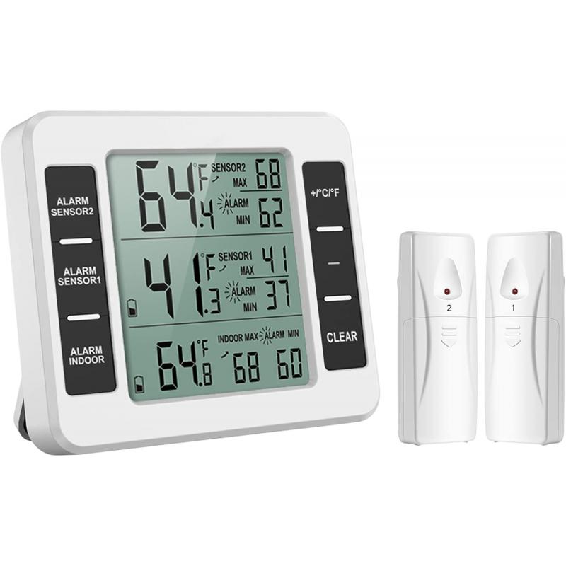 ORIA Termómetro Digital Inalámbrico para Nevera, Congelador con 2 Sensores con Pantalla LCD y Audible de la Alarma