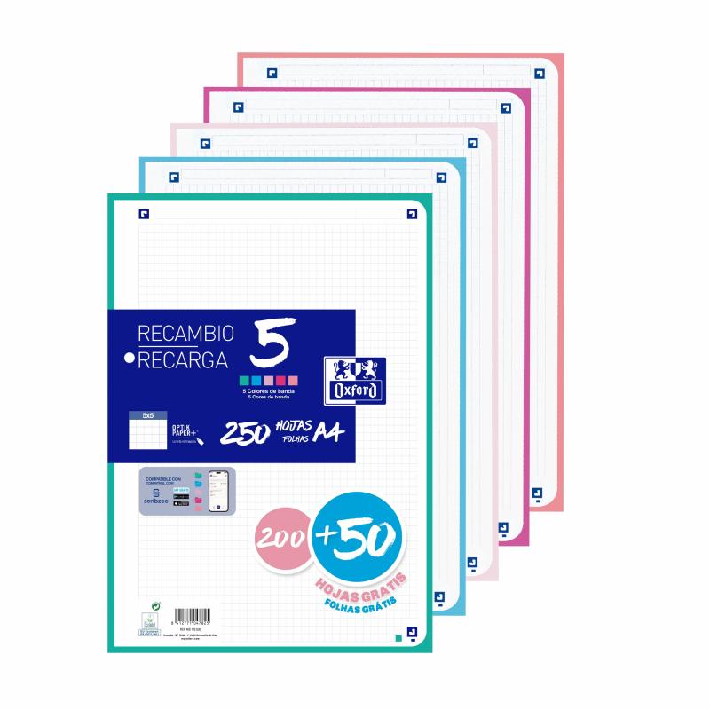OXFORD Recambio 5 200+50 Hojas Paquete A4 cuadriculada 5x5 5 Colores De Banda Pastel