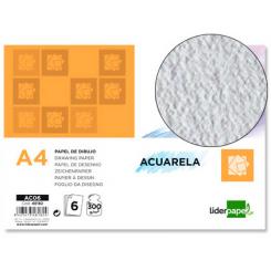 Papel dibujo LIDERPAPEL 210x297mm 300g/m2 acuarela pack de 6 hojas
