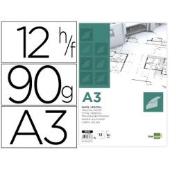 Papel dibujo LIDERPAPEL A3 297x420mm 90g/m2 vegetal sobre de 12 hojas