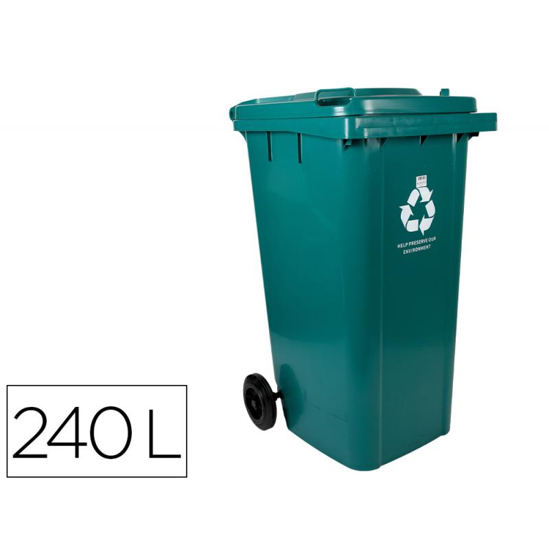 Papelera contenedor Q-CONNECT plastico con tapadera y ruedas 240 litros verde 1040x620x610 mm