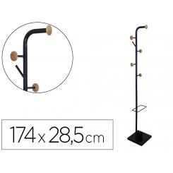 Perchero metalico Q-CONNECT negro con detalles de madera 6 colgadores y paraguero 174x28,5 cm