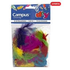 Plumas de pavo de colores para manualidades CAMPUS UNIVERSITY, bolsa 50 plumas colores surtidos