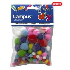 Pompones de colores CAMPUS UNIVERSITY, bolsa 100 uds colores surtidos y tamaños surtidos