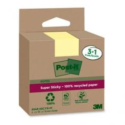 POST-IT Bloc de notas adhesivas RECICLADAS SUPER STICKY 76 x 76 mm amarillas, 70 hojas, 4 BLOCS