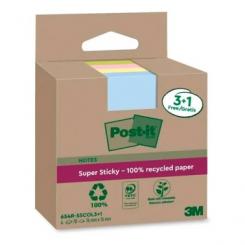 POST-IT Bloc de notas adhesivas RECICLADAS SUPER STICKY  76 x 76 mm surtido, 70 hojas, 4 BLOCS