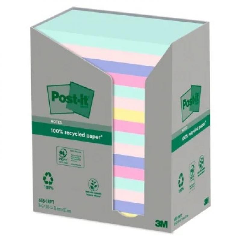 post-it-bloc-notas-adhesivas-recicladas-76-x-127-mm-colores-surtidos-pastel-100-hojas-envase-16-blocs