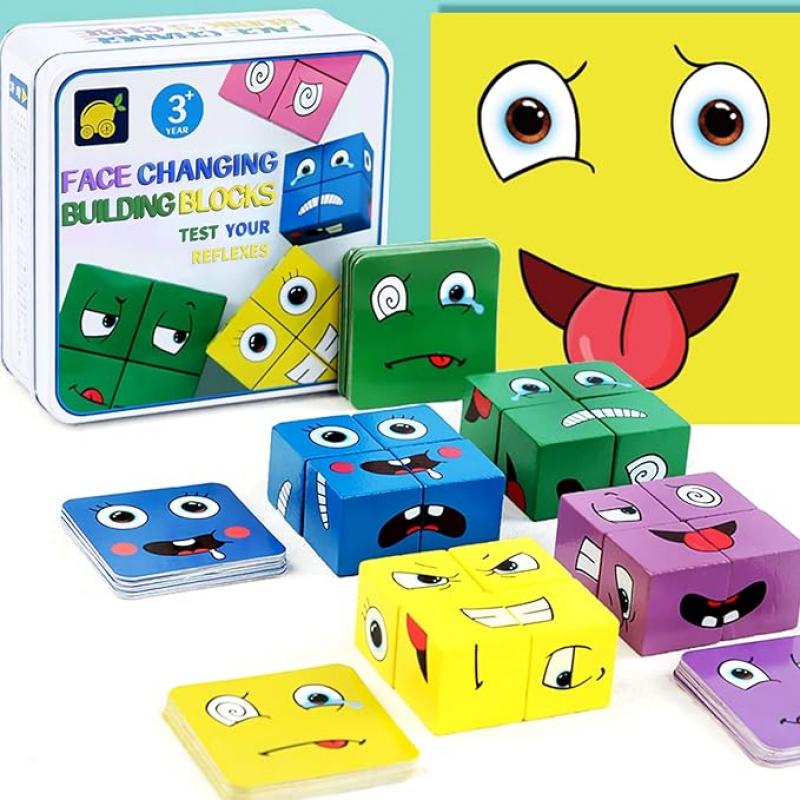 Puzzle de Madera de Expresión Facial,Juegos Montessori Kit de Rompecabezas Juguete 16 Cubos 64 Cartas IQ Puzzle Regalo Navidad,Cubo Juguetes Educativos para Niños 3 años