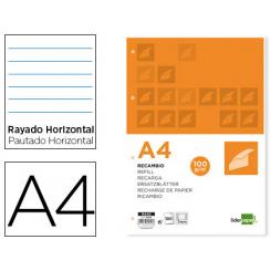 Recambio LIDERPAPEL A4 100 hojas 100 g/m2 rayado horizontal con margen 4 taladros