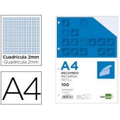 Recambio LIDERPAPEL A4 100 hojas 100g/m2 cuadro 2mm con margen 4 taladros
