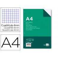 Recambio LIDERPAPEL A4 100 hojas 100g/m2 cuadro 4mm con margen 4 taladros
