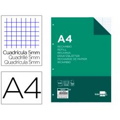 Recambio LIDERPAPEL A4 100 hojas 100g/m2 cuadro 5mm con doble margen 4 taladros