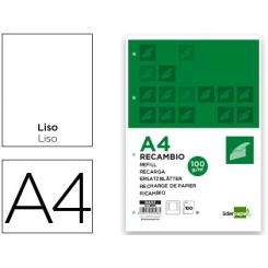 Recambio LIDERPAPEL A4 100 hojas 100g/m2 liso 4 taladros doble margen