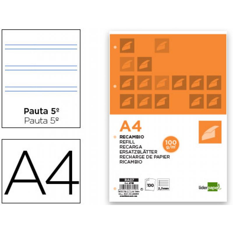 recambio-liderpapel-a4-100-hojas-100gr-m2-pauta-5ª-25mm-con-margen-4-taladros