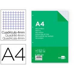 Recambio LIDERPAPEL A4 100 hojas 60g/m2 cuadro 4 mm con margen 4 taladros